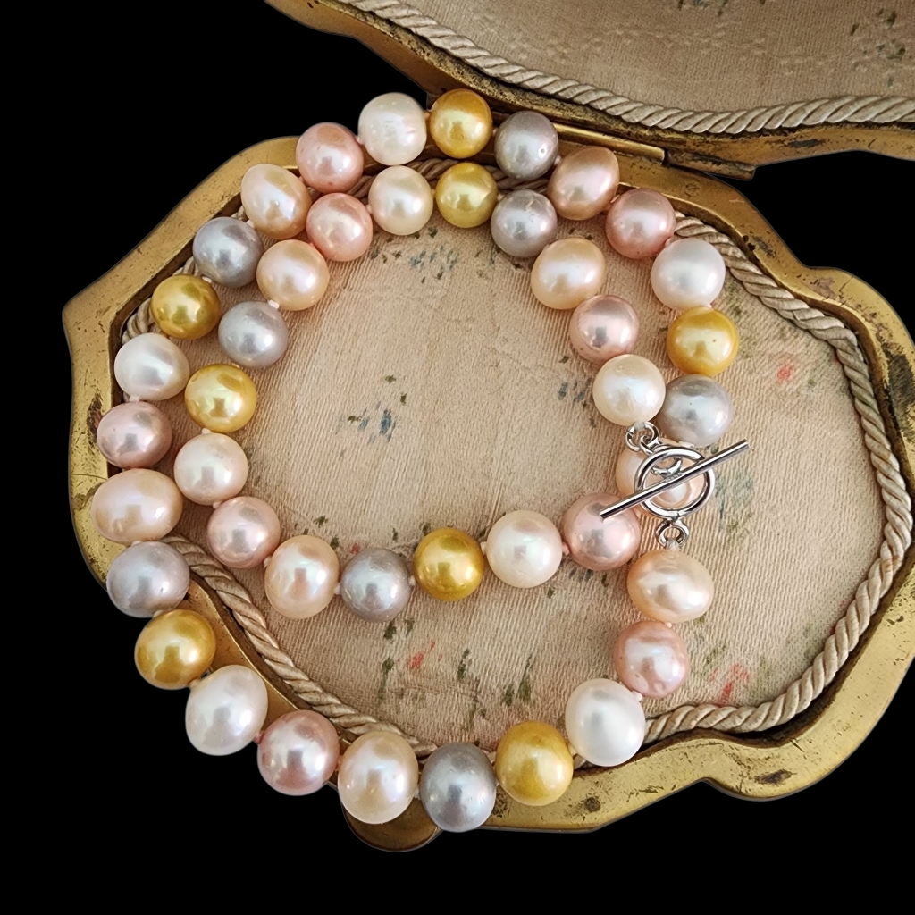 Vintage Pearl Necklace Large Pearls 925 Sterling Silver Multi Color A0309 -Q2
